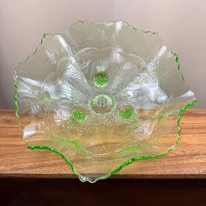 Fenton Stag and Holly Green Uranium Glass Footed Bowl Ruffled Glass 11in